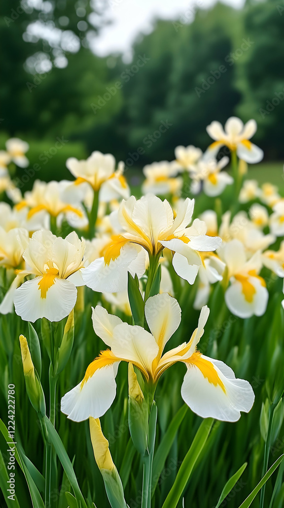 Cream irises blooming in a garden, green background, nature photography, perfect for greeting cards Cream irises blooming in a garden, green background, nature photography, perfect for greeting cards
