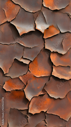 Cracked rusty paint texture, close-up detail, outdoors, background blurred, ideal for design photo