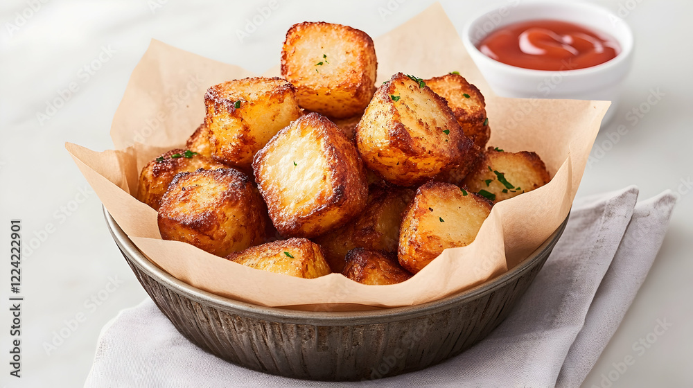 Crispy potato cubes in bowl with ketchup, marble background; perfect for food blogs or recipe websites Crispy potato cubes in bowl with ketchup, marble background; perfect for food blogs or recipe websites