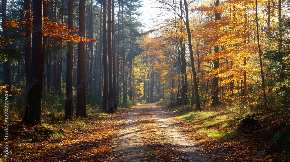 Sunlit Forest Pathway in Autumn with Vibrant Foliage and Tall Trees Landscape Photography : Generative AI Sunlit Forest Pathway in Autumn with Vibrant Foliage and Tall Trees Landscape Photography : Generative AI