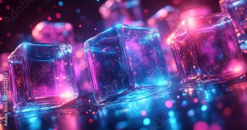 Futuristic Abstract Glass Cubes Illuminated by Neon Lights on Black Background