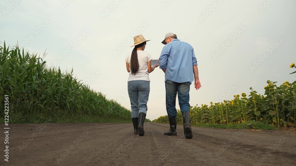 Agriculture, teamwork, business partner farmer agriculture, handshake sign of deal, harvest, fresh soil grow crops, field corn, field sunflowers, people farmers working digital tablet sunset, nature