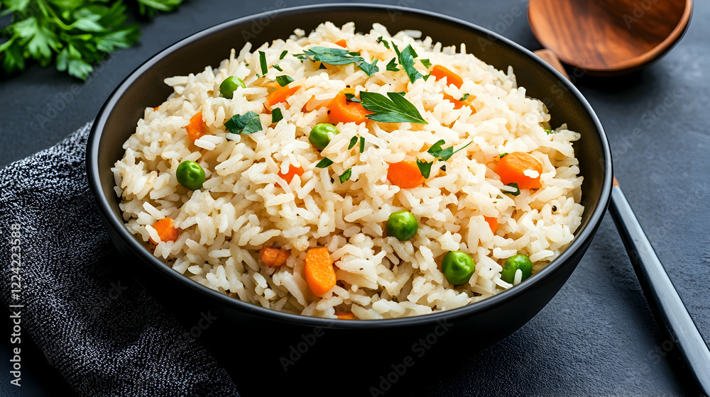 Delicious vegetable rice in bowl, kitchen setting, food photography for recipe websites Delicious vegetable rice in bowl, kitchen setting, food photography for recipe websites