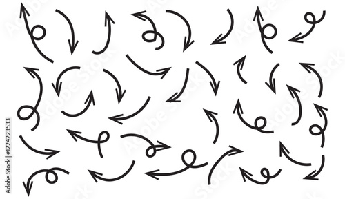 Arrows hand drawn doodle icons set. Curved cartoon arrows sketches collection. Flat and thin pointers illustrations. Scribble swirl arrow signs.