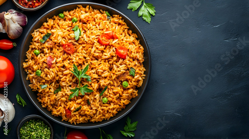 Fototapeta Naklejka Na Ścianę i Meble -  Delicious tomato rice dish with vegetables, overhead shot, dark background, food photography for recipe or cookbook