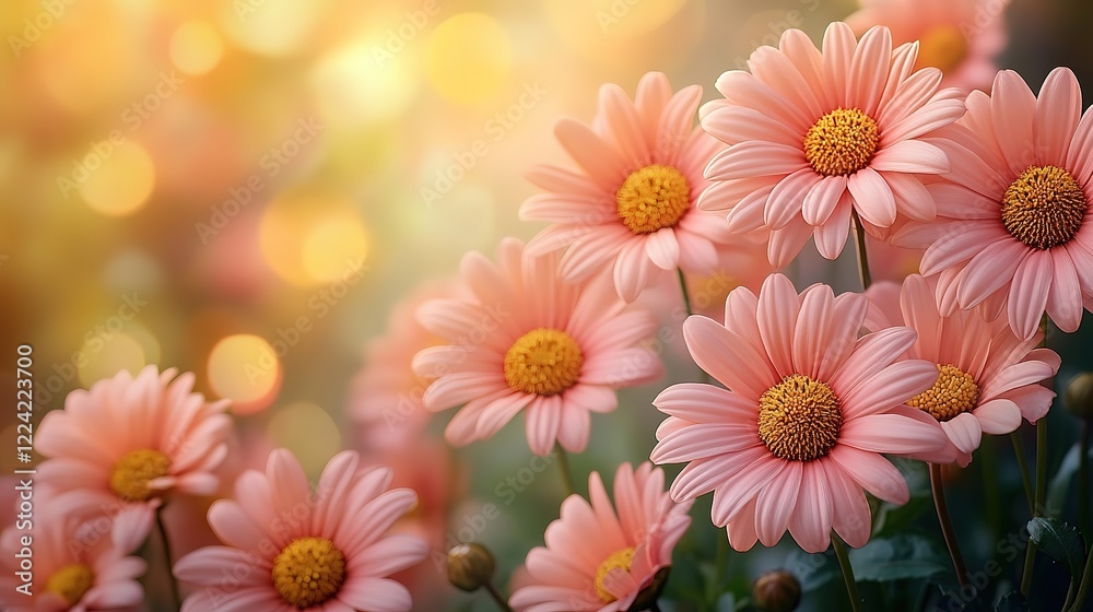 Obraz premium dreamy springtime pink daisy flower field background,soft sunlight peaceful flower field