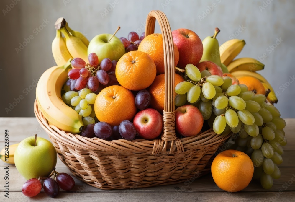 A Wicker Basket Overflowing with Fresh Fruit: Apples, Oranges, Bananas, and Grapes A Wicker Basket Overflowing with Fresh Fruit: Apples, Oranges, Bananas, and Grapes