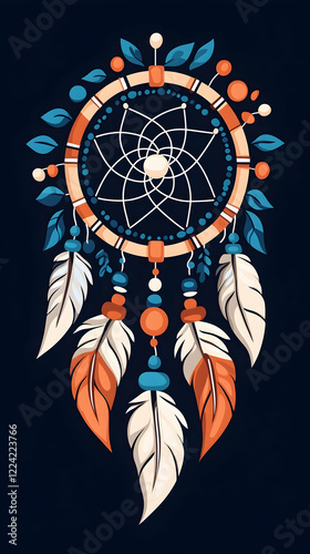 Dreamcatcher artwork, boho style, feathers, beads, dark background, spiritual symbol, home decor photo