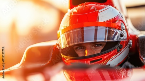 Close Up of a Race Car Driver in Red Helmet at Sunset