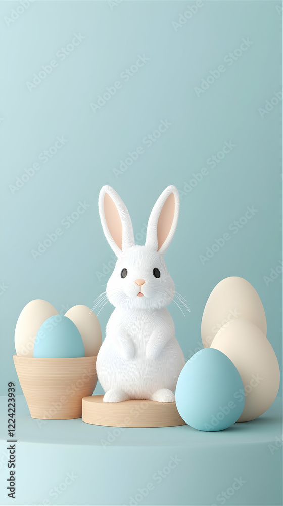 Easter bunny sitting on a platform with pastel eggs, minimalist blue background; greeting card design Easter bunny sitting on a platform with pastel eggs, minimalist blue background; greeting card design