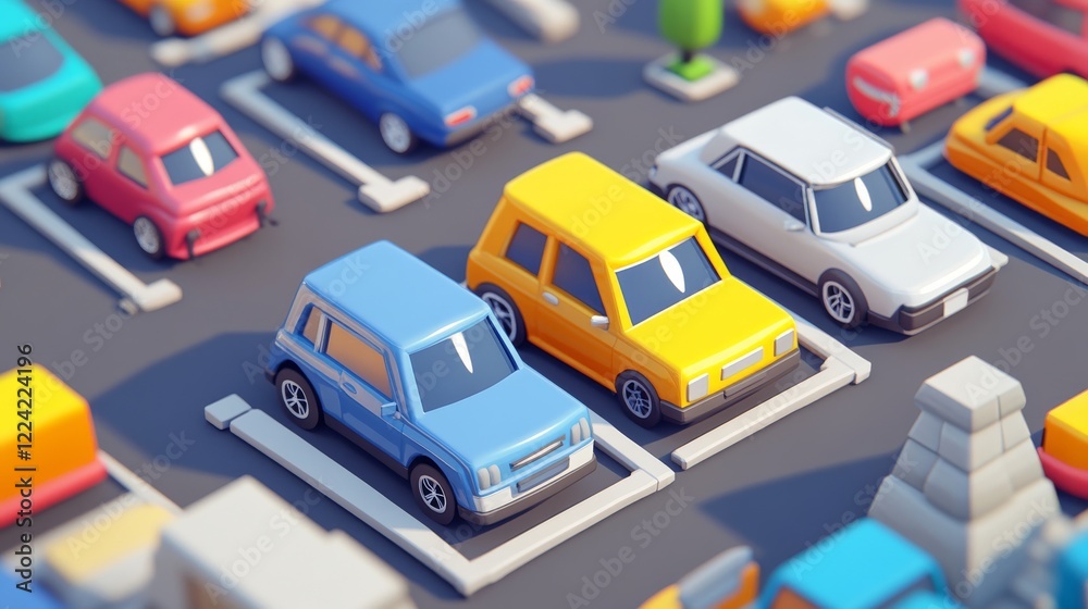 Fototapeta premium a 3D game asset simple cartoonish of a parking lot with just a few cars minimalist in a 3 hex shape