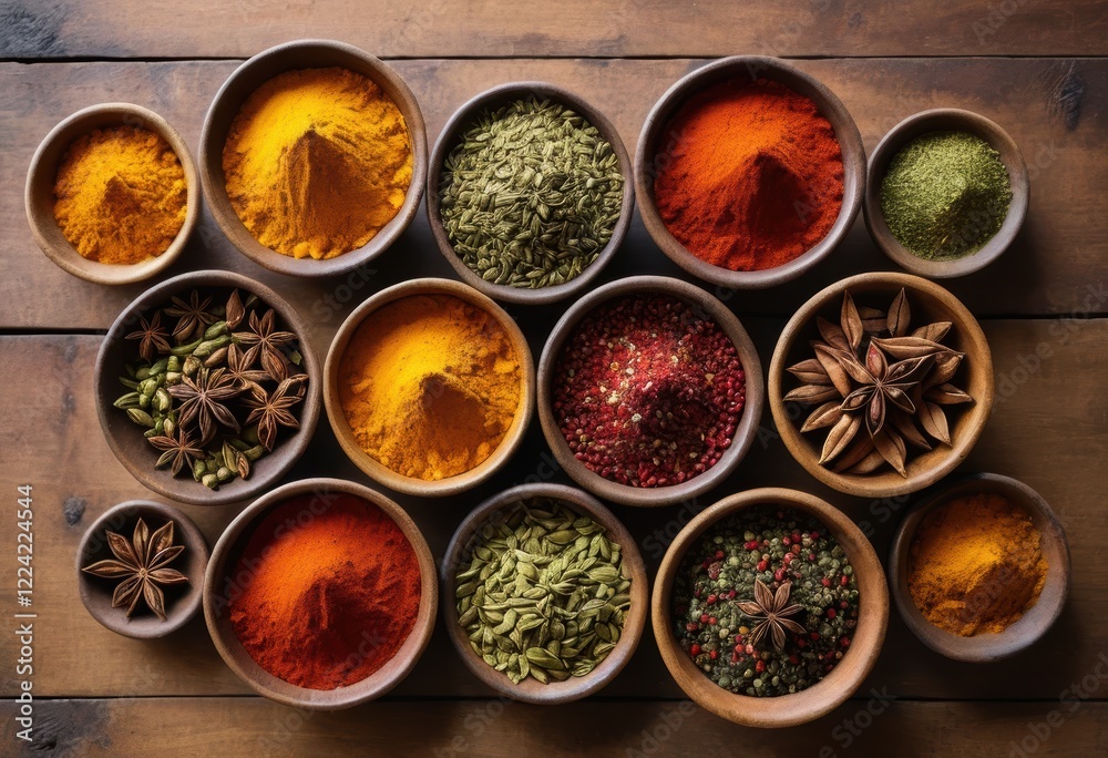 Aromatic Spices and Herbs in Rustic Bowls on Wooden Background: Top View