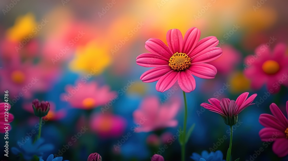 Fototapeta premium dreamy springtime pink flower field background,soft sunlight peaceful flower field
