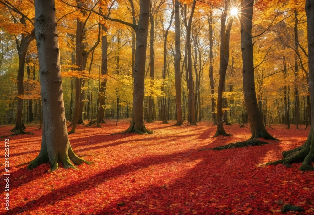 Fototapeta premium Autumn Forest Scene: Golden Sunlight Illuminates Red Leaves and Majestic Trees