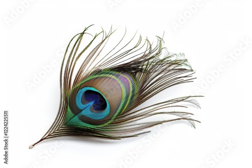 A delicate peacock feather showcases iridescent colors under soft light, symbolizing beauty and elegance in nature's design isolated on transparent background photo