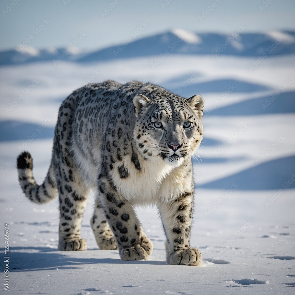 A snow leopard walking across a windswept, frozen tundra.