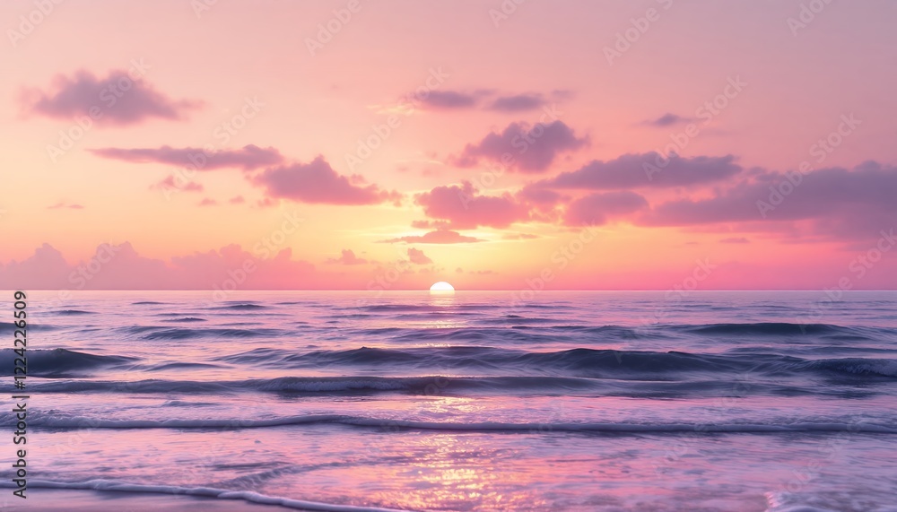 Fototapeta premium Serene Pink Sunset over the Ocean: A Tranquil Coastal Scene