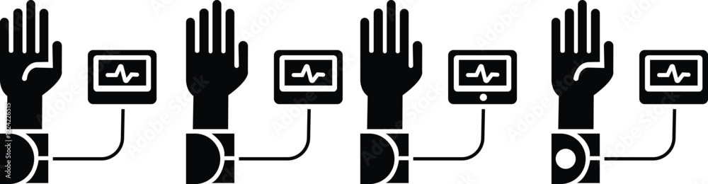 Blood Pressure human hand icon set, Blood Pressure Monitor vector graphic design elements, Heartbeat line, Cardiogram icons, sign. Heart pulse silhouette, Emergency Services, on transparent background Blood Pressure human hand icon set, Blood Pressure Monitor vector graphic design elements, Heartbeat line, Cardiogram icons, sign. Heart pulse silhouette, Emergency Services, on transparent background