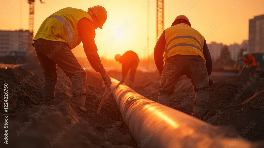 Fototapeta premium Construction Workers Installing Pipeline at Sunset