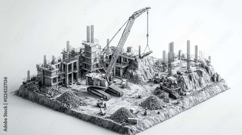 black and white photorealistic isometric cube view of a construction site with dirt piles and cranes digging. white background. black and white photorealistic isometric cube view of a construction site with dirt piles and cranes digging. white background.