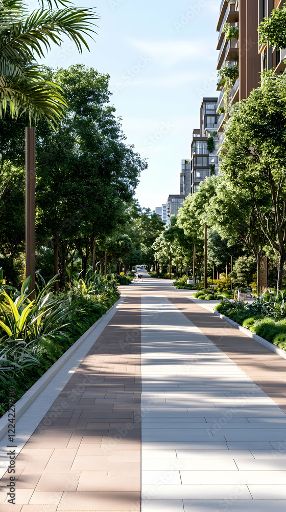 Obraz premium Lush green walkway between modern apartment buildings, sunny day, urban landscape; ideal for real estate marketing
