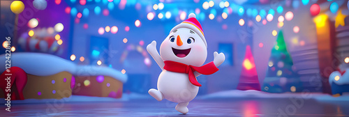 Fun snowman cartoon character dancing in a festive setting.