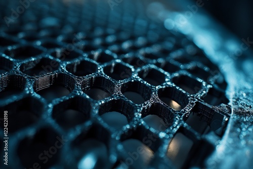 A close up of a blue metal mesh