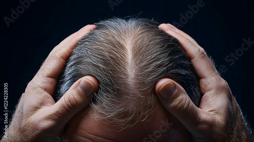 Man's hands on thinning gray hair; stress, aging, hair loss