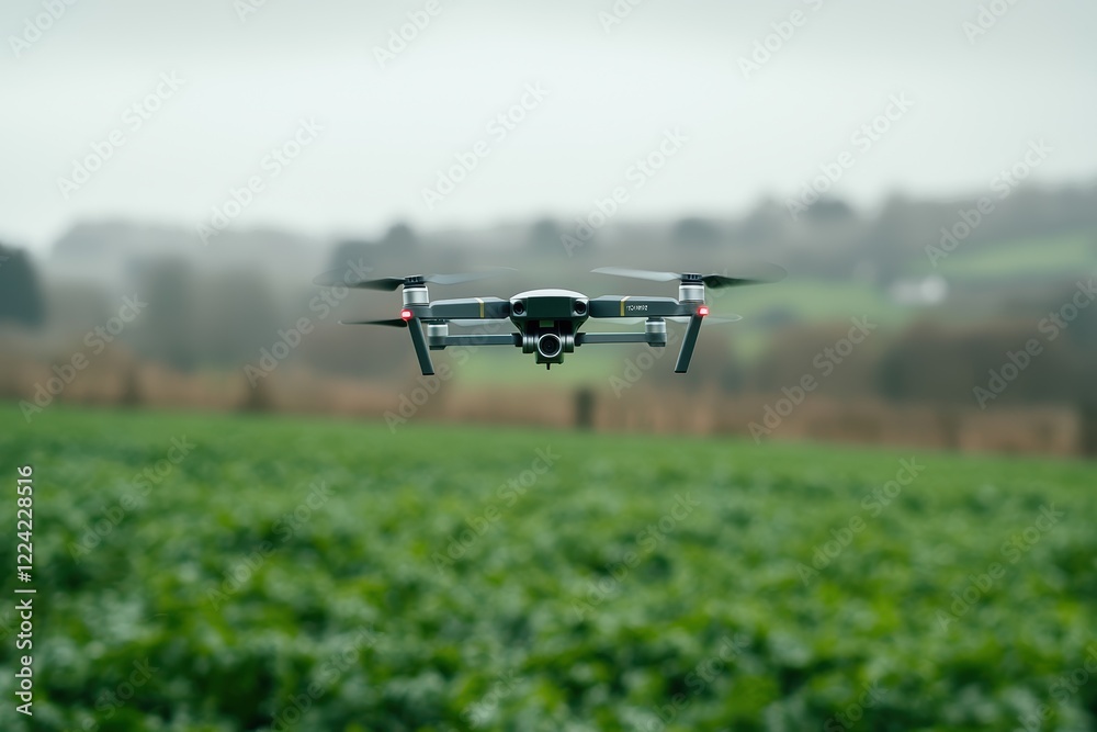 Drone Flying Over Lush Green Field Drone Flying Over Lush Green Field