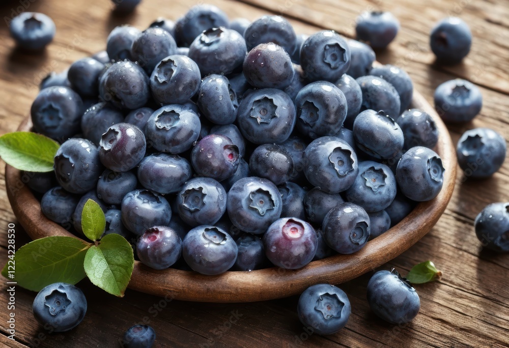 Fresh Juicy Blueberries in Wooden Bowl on Rustic Wooden Table, Close Up Fresh Juicy Blueberries in Wooden Bowl on Rustic Wooden Table, Close Up