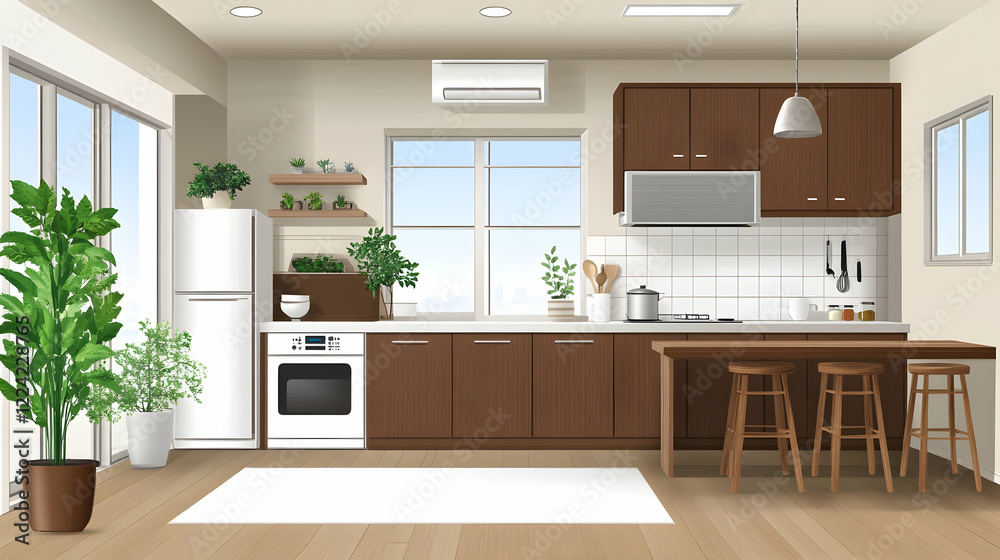 Fototapeta premium Modern kitchen interior design, plants, window view, bright room, home decor, for real estate