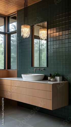 Modern bathroom with wood vanity, green tile, and forest view