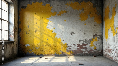 Sunlit Corner in a Derelict Building with Flaking Yellow Paint and Exposed Brick