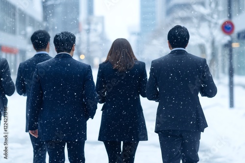 Wallpaper Mural Business professionals walking in a snowy urban setting. The image captures the serene and professional atmosphere of winter in the city. Torontodigital.ca