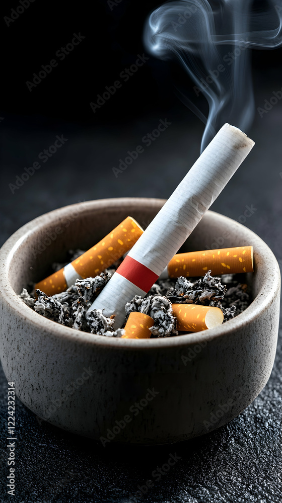 Smoking cigarette in ashtray on dark background, health risk concept, anti-smoking campaign image Smoking cigarette in ashtray on dark background, health risk concept, anti-smoking campaign image