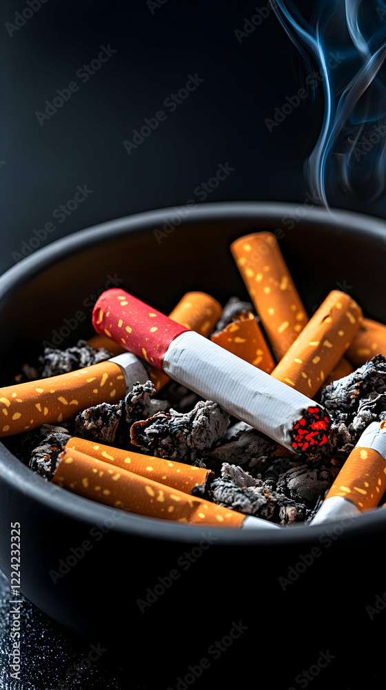 Smoking cessation Close-up of extinguished cigarette in ashtray, dark background. Use anti-smoking campaign Smoking cessation Close-up of extinguished cigarette in ashtray, dark background. Use anti-smoking campaign