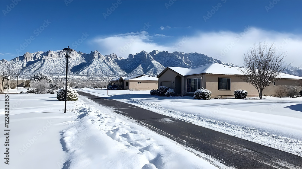 Snow-covered street, houses, mountains; winter day; residential area; perfect for real estate or winter travel websites Snow-covered street, houses, mountains; winter day; residential area; perfect for real estate or winter travel websites