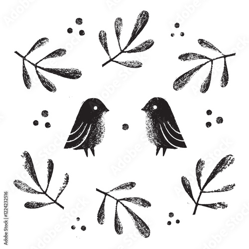 Linocut with birds and leaves. Black and white vector illustration.