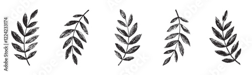 Set of linocut leaves. Black and white vector illustration.