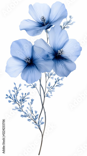 Three blue flowers, delicate stems, white background; perfect for greeting cards, website decoration