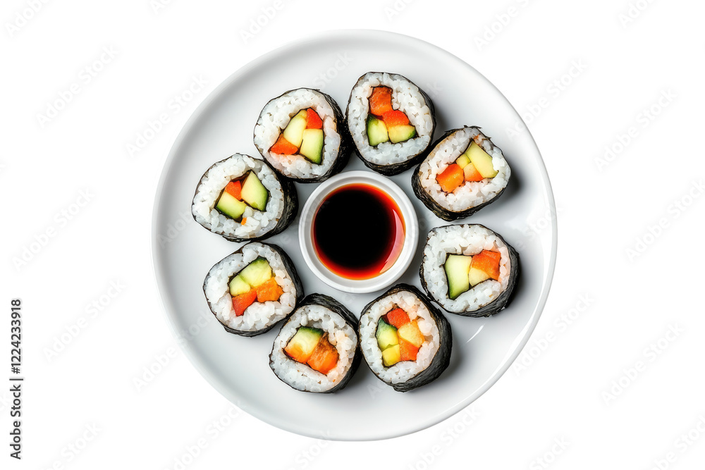 Cucumber sushi rolls with soy sauce in a white plate isolated on white or transparent, PNG Cucumber sushi rolls with soy sauce in a white plate isolated on white or transparent, PNG