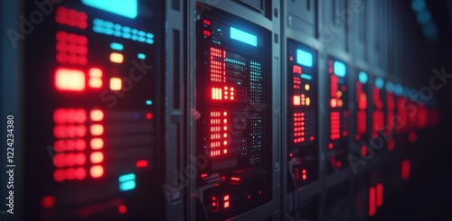 Futuristic Server Room with Glowing Red and Blue Panels