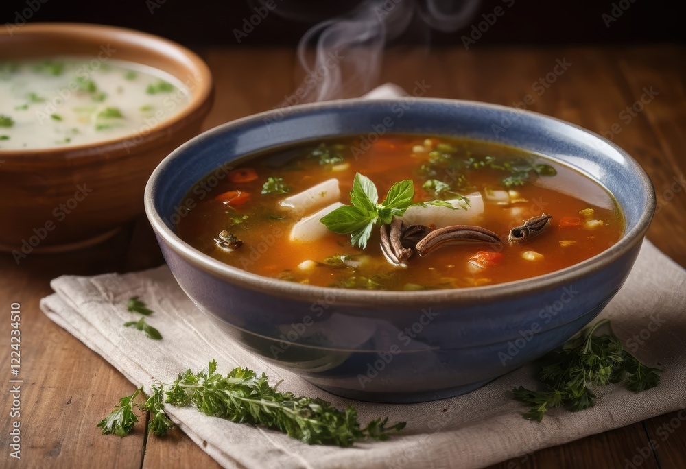 Steaming Bowl of Hearty Vegetable Soup with Fresh Herbs on Wooden Table Steaming Bowl of Hearty Vegetable Soup with Fresh Herbs on Wooden Table