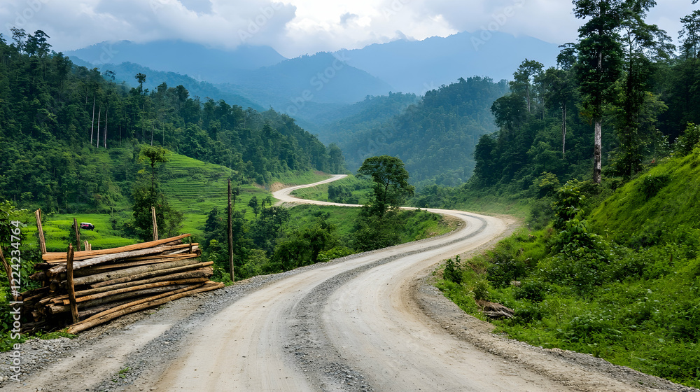 Winding mountain road through lush green valley, rural scene, travel photography Winding mountain road through lush green valley, rural scene, travel photography