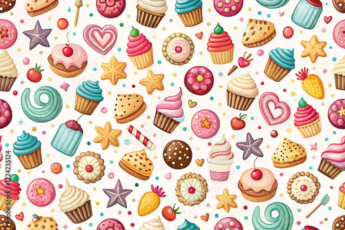 Colorful seamless pattern of sweet desserts and candies.