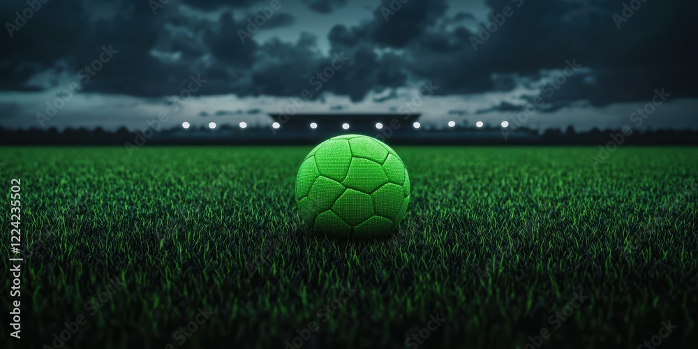 Fototapeta premium Glowing Soccer Ball on a Dark Grass Field at Night