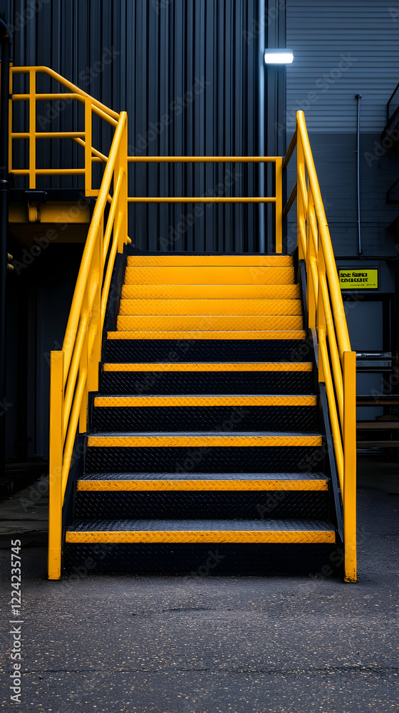 Yellow industrial stairs leading upwards in a factory; background shows dark walls and machinery; suitable for safety, industry, or progress concepts Yellow industrial stairs leading upwards in a factory; background shows dark walls and machinery; suitable for safety, industry, or progress concepts