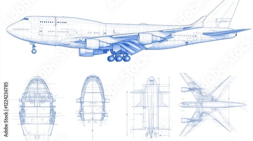 Detailed Blueprint of Boeing 747 Jumbo Jet: Engineering Marvel in Aviation Design