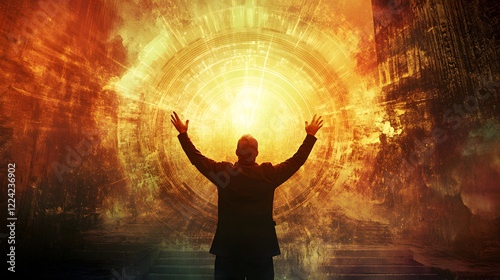 Man Standing in Awe in Front of a Mystical Fiery Portal Representing a Cosmic Revelation : Generative AI