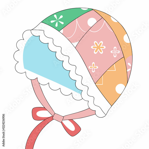 Colorful patterned baby bonnet with ribbons against a minimalistic white background and copy space
